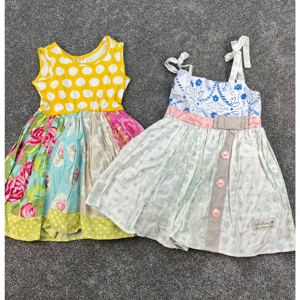 SweetHoney Dress‎ Bundle Floral Tie Strap & Yellow Polka Dot Floral Girls Size 4
